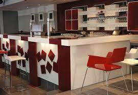 The bar is pretty nice, and the room is intimate. White Red Color Design Bar Counter Fabrication Design Cafe Bar Counter Cafe Bar Bar Counter