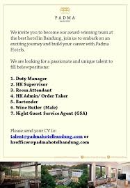 Berikut adalah beberapa tugas supervisor dalam perusahaan: Padma Hotel Bandung Hhrma Hotel Job Vacancy Indonesia