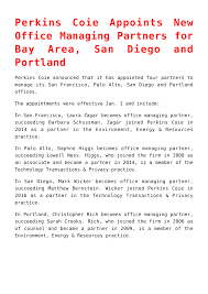 b>Perkins Coie Appoints New Office Managing Partners for Bay Area, San  Diego and Portland</b>