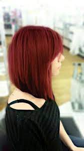 Long Angled Bob Side Bangs Crimson Red With Black Underneath Bob Hairstyles Bob Haircut With Bangs Long Hair Styles