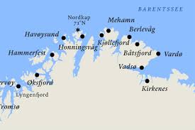 Eine karte auf der die lage der norwegischen stadt hammerfest an der nordküste des landes markiert ist. Postschiffreise Kirkenes Bis Hammerfest Travelexperience Ch