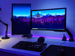 Updated My Battlestation With A Vertical Monitor Setup Gaming Room Setup Video Game Room Design Dual Monitor Setup