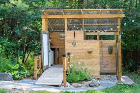 Reclaimed wood and a ladder (for hanging towels and swimsuits) add character and charm to this clever outdoor shower. Ideas For An Original Outdoor Shower Enclosure Outdoor Shower Company