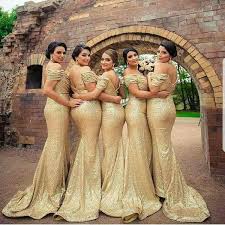 2018 Off Shoulder Champagne Gold Sequins Bridesmaid Dresses With Sweep Train Zipper Back Formal Maid Of Honor Guest Evening Gowns Plus Size Alexia