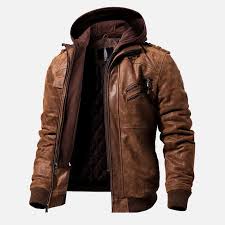 Men S Brown Motorcycle Bomber Leather Jacket With Removable Hood Leather Jacket With Hood Real Leather Jacket Leather Jacket Men