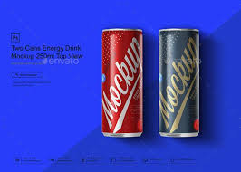 Two Cans Energy Drink Mockup 250ml Top View Energy Drinks Canning Graphic Design Templates