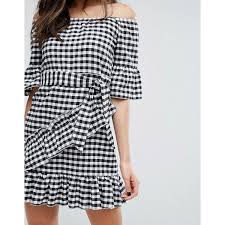 Asos Black And White Gingham Dress Prettylittlething Gingham Frill Bardot Dress 40 Liked On Polyvore Featuring Dresses Frilly Dre Bardot Frill Dress Fantastic Clothes Fashion Clothes Women