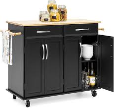 Rolling kitchen island cart white icons for apps. Amazon Com Best Choice Products Portable Kitchen Island Cart For Serving Storage Decor W Wood Top 2 Towel Racks Drawers Cabinets Adjustable Shelves Black Kitchen Islands Carts