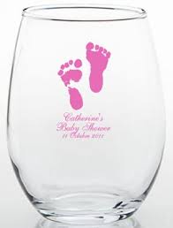 Custom Baby Shower Stemless Wine Glasses 215 Et As Low As 2 39 Each Babyshowe Wine Glass Baby Shower Favors Baby Shower Wine Glasses Baby Shower Gift Bags
