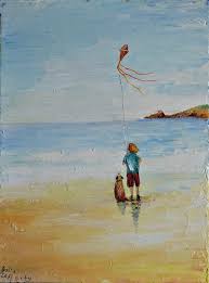 A Child Dog Kite Flying At The Beach Oil Painting Beach Watercolor Beach Oil Painting Kite Flying