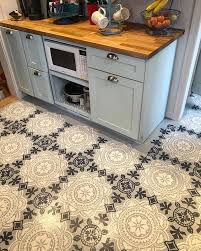 Diy Painted And Stenciled Tile Floor Ideas On A Budget Using Easy To Use Tile Stencil Patterns From Cutti Diy Flooring Budget Kitchen Makeover Kitchen Flooring