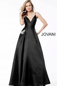 Jovani Dress 61087 Black Long A Line Spaghetti Straps V Neck Evening Dress With Pockets Black Evening Gown Jovani Evening Dress Satin Formal Dress