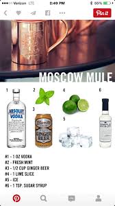 1 Copper Mug Pour 1 Shot 2oz Vodka Over Ice 1 2 Oz Simple Syrup 1 2 Oz Lime Juice 5 Oz Ginger Beer Garnish Moscow Mule Drink Recipes Ginger Beer Drinks