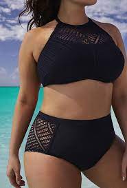 Stylist Plus Measurement Ladies Attractive Excessive Waist Lace Bikinis Black Strong Swimwear Hole Out Swimsui Badeanzug Badebekleidung Bikini Mit Hoher Taille