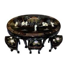 48 Shiny Black Lacquer Oriental Coffee Table Inlaid Pearl With Six Stools And Glass Top Gold Leaf Furniture Glass Top Oriental Furniture