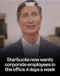 Employees will be expected to work in the office Monday through Thursday,  CEO Brian Niccol told staff in an email sent Monday. (Credit: Starbucks)  #starbucks #returntooffice #rto