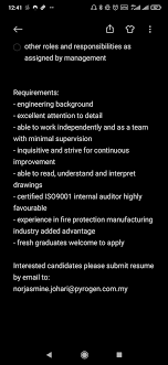 The engineering intern will be required to assist engineers in sorting out day to day activities and solving any issues occurs.the intern will be exposed to geesm repair, cleaning, laboratory testing and inspection processes. Just Jules On Twitter Engineering Job Vacancy In Subang Jaya