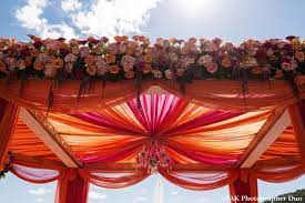 Modern Pink And Orange Wedding Fountain Side Fusion Indian Wedding Ceremony By Stak Photographer Duo Wedding Mandap Indian Wedding Decorations Mandap
