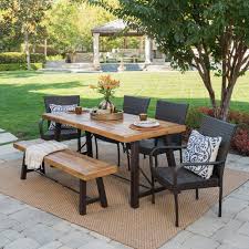 Soltice Outdoor 6 Piece Teak Finished Acacia Wood Dining Set With Multi Brown Chairs Backyard Furniture Teak Patio Furniture Wicker Dining Set