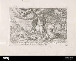 Abraham has his sword to kill his son Isaac, who kneels with the hands for  the altar. However, an angel stops him and points to a ram that can be  sacrificed.