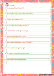 Setiap bab dibagi lagi menjadi beberapa sub bab dengan materi maca dina jero hate, nembangkeun, diskusi, jeung nulis. Kaulinan Worksheet