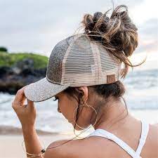 C C Glitter Messy Bun Caps Cute Messy Hairstyles Ball Cap Hair Ball Cap Short Hair