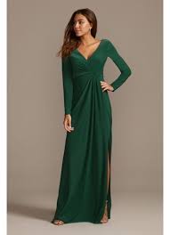 Your bridesmaids will make a statement with the ruffled hemline and waist tie. Long Sleeve Jersey V Neck Dress With Slit David S Bridal