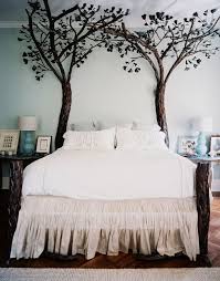 Dark Brown Fake Trees With Dark Green Leaves Wall Art Decor Placed On Witer Side Of A Bed With White And Pale Beige Covers And Home Tree Bed Bedroom Design
