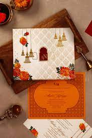 Traditional Indian Marigold Wedding Collection Brass Bells Etsy Indian Wedding Invitation Cards Wedding Card Design Indian Wedding Cards