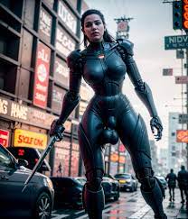 1futa ai generated black hair bulge cyberpunk futa only futanari  horsecock huge balls huge cock large penis robot girl robotic arm solo  sword 