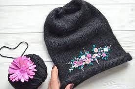 Black Knitted Hat Merino Wool Hat Crochet Hat Pattern Flowers Women S Hat Slouchy Beanie Hey Everybody Ladies I In 2021 Knitted Hats Knitting Crochet Hat Pattern