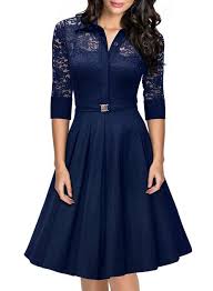 Black Dress 3 4 Sleeve Knee Length Missmay Women S Vintage 1950s Style 3 4 Sleeve Black Lace Flare A Line Dress Medium Navy Blue Elegant Black Dress Fashion Elegant Shirt