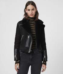 Allsaints Ca Womens Willow Shearling Biker Jacket Black Leather Jackets Women Fitted Biker Jacket Fur Leather Jacket