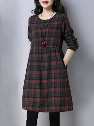 Women A Line Going Out Long Sleeve Cotton Pockets Checkered Plaid Dress Blouse Casual Fashion Dress Shirts For Women Shift Dress Outfit