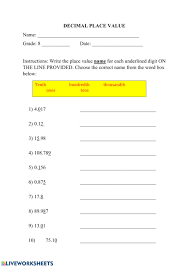 decimal place value worksheet
