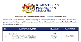 Check spelling or type a new query. Permohonan Jawatan Kosong Guru Ganti Kementerian Pendidikan Malaysia Kpm Kelayakan Spm Diploma Ijazah