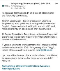About pengerang independent terminals sdn bhd (pitsb) pengerang independent terminals sdn bhd (pitsb) is a joint venture among malaysian integrated specialist technical services company dialog group berhad, world's largest independent tank storage provider royal vopak and state. Getme Hired On Twitter Pengerang Terminals Two Sdn Bhd Is Hiring Shift Supervisor Fresh Grads Of Chemical Engineering Is Welcomed Senior Operations Technician Update Your Resume And Apply Now Https T Co K8ehamulpr