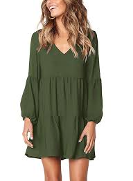 Women Tunic Dress V Neck Long Sleeve Casual Loose Flowy Swing Shift Dresses Army Green Sma Womens Tunic Dress Long Sleeve Shift Dress Long Sleeve Tunic Dress