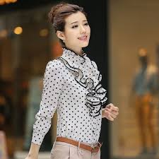 Black And White Polka Dot Blouses For Womens New 2014 Vintage Chiffon Dots Formal Ruffles Top Shirt Puff Long Sleeve Plus Size Black White Women Polka Dot Blouse Ropa Ruffle Top Shirt Chiffon Shirt Women