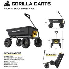 The cart has really great feature such as a leash include to pull the scooter to the location you wish to use it, really large tires for ease of movement, a really large tractor style seat for comfortable seating which adjust up and down from 12 to 16. Gorilla Carts 4 Cu Ft Poly Garden Dump Cart Gcg 4 The Home Depot
