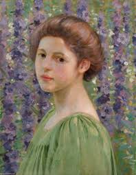 Paintings Reproductions Portrait of a Girl amongst Purple Delphiniums by William  Herbert Allen (1863-1943)