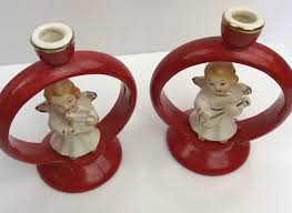 Vintage Angel Candle Holders Set Of 2 Ceramic Red Japan 1950s White Circle Nobrand Small Candle Holders Christmas Candle Candle Holder Set