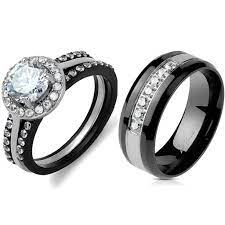 Couple Ring Set 4 Pcs Womens Two Tone Black Stainless Steel Wedding Ring Mens 7 Czs Band Size In 2021 Couples Ring Set Black Wedding Rings Stainless Steel Wedding Ring
