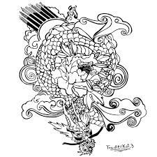 Ver más ideas sobre tatuajes japoneses tradicionales, tatuajes japoneses, japonés tradicional. Dibujo Y Ilustracion Tradicional Japones Tattoo De Mitologia Asiatica Uni A Un Dragon Un Sol Nubes Una Flor Peonia En El Centro Esta Cards Playing Cards