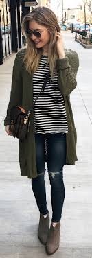 Stripped Top Bag Cardigan Rips Boots Outfits Fashion Fall Outfits