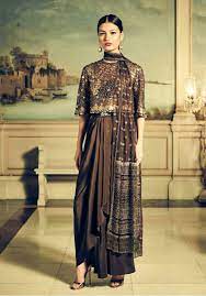 Sabyasachi Bridal Couture The Spring Summer Collection The Padang Skirt In Coffee Brown Crepe With The Ultra Glamorous Warq Crop Top And Kohinoor Dupatta