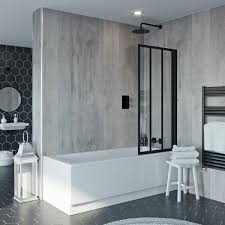 The frameless sliding door gives a light, airy aspect to the room… perfect for urban hideaways. Jacuzzi Loft Black Framed Hinged Shower Bath Screen Victoriaplum Com