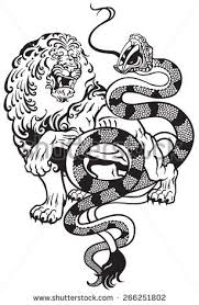 The composition is isolated on a white background with shadows. Lion And Snake Tattoo Tattoo Illustration White Tattoo Japanese Tiger Tattoo