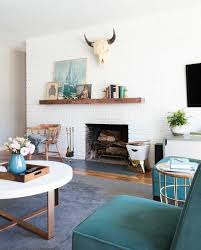 Weekend Makeover Mid Century Eclectic Artist Emily Henderson Brick Fireplace Makeover Painted Brick Walls Mid Century Modern Living Room