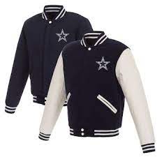 Dallas Cowboys Jh Design Reversible Fleece Jacket With Faux Leather Sleeves Navy White In 2020 Leather Sleeve Fleece Jacket Twill Jacket